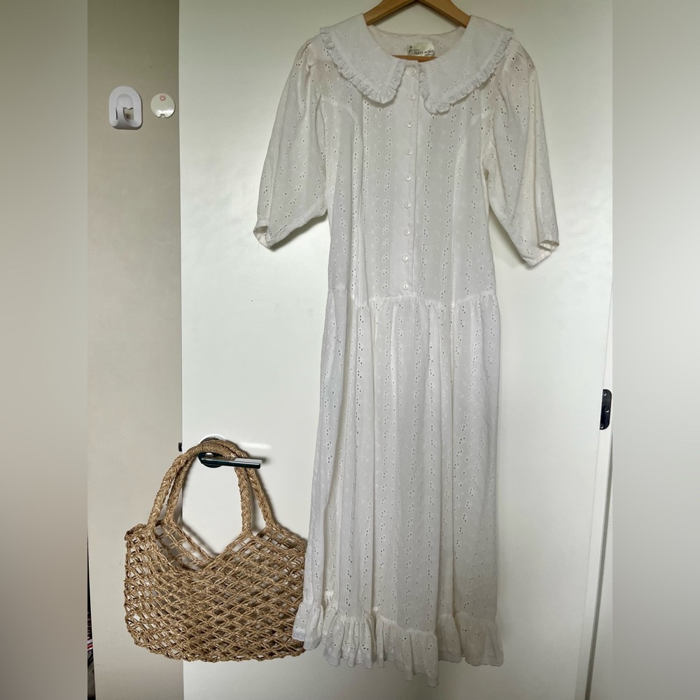 Vintage 1970s White Eyelet Prairie Dress